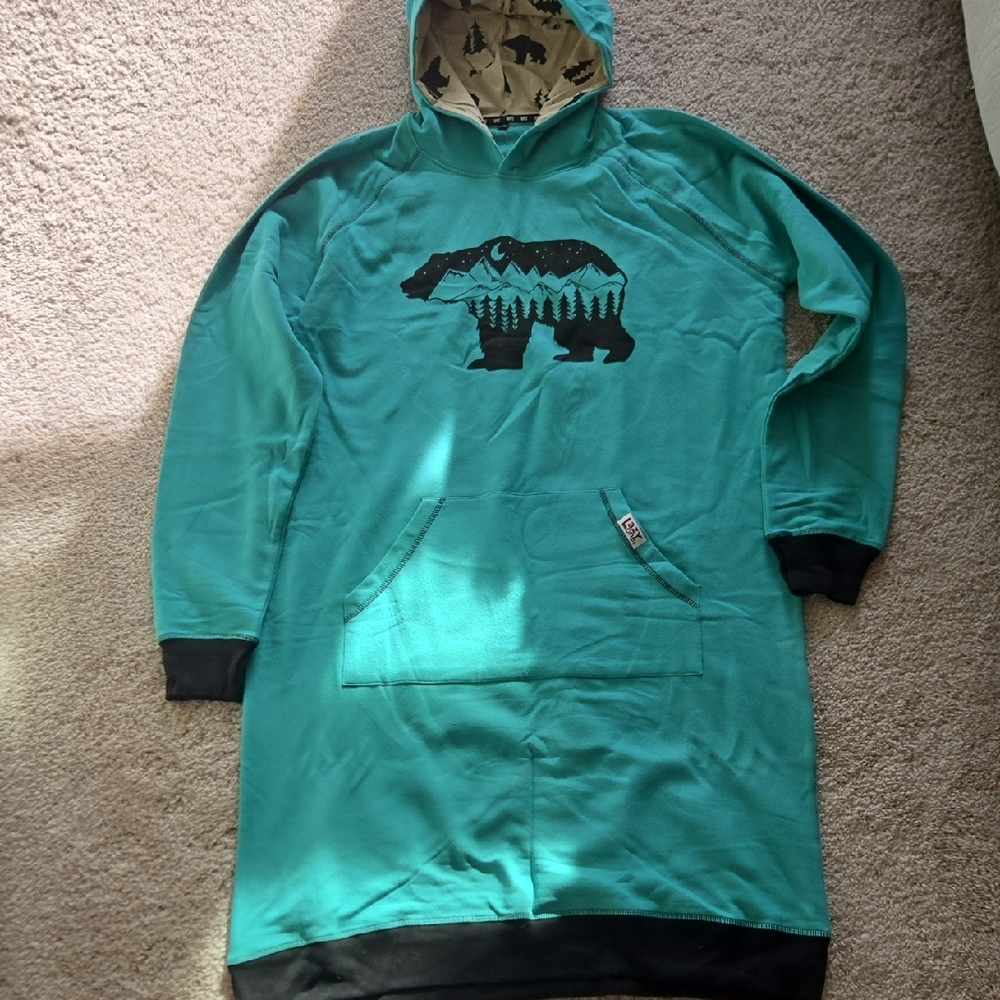 Teal Hooded Bear Print Sweatshirt Dress